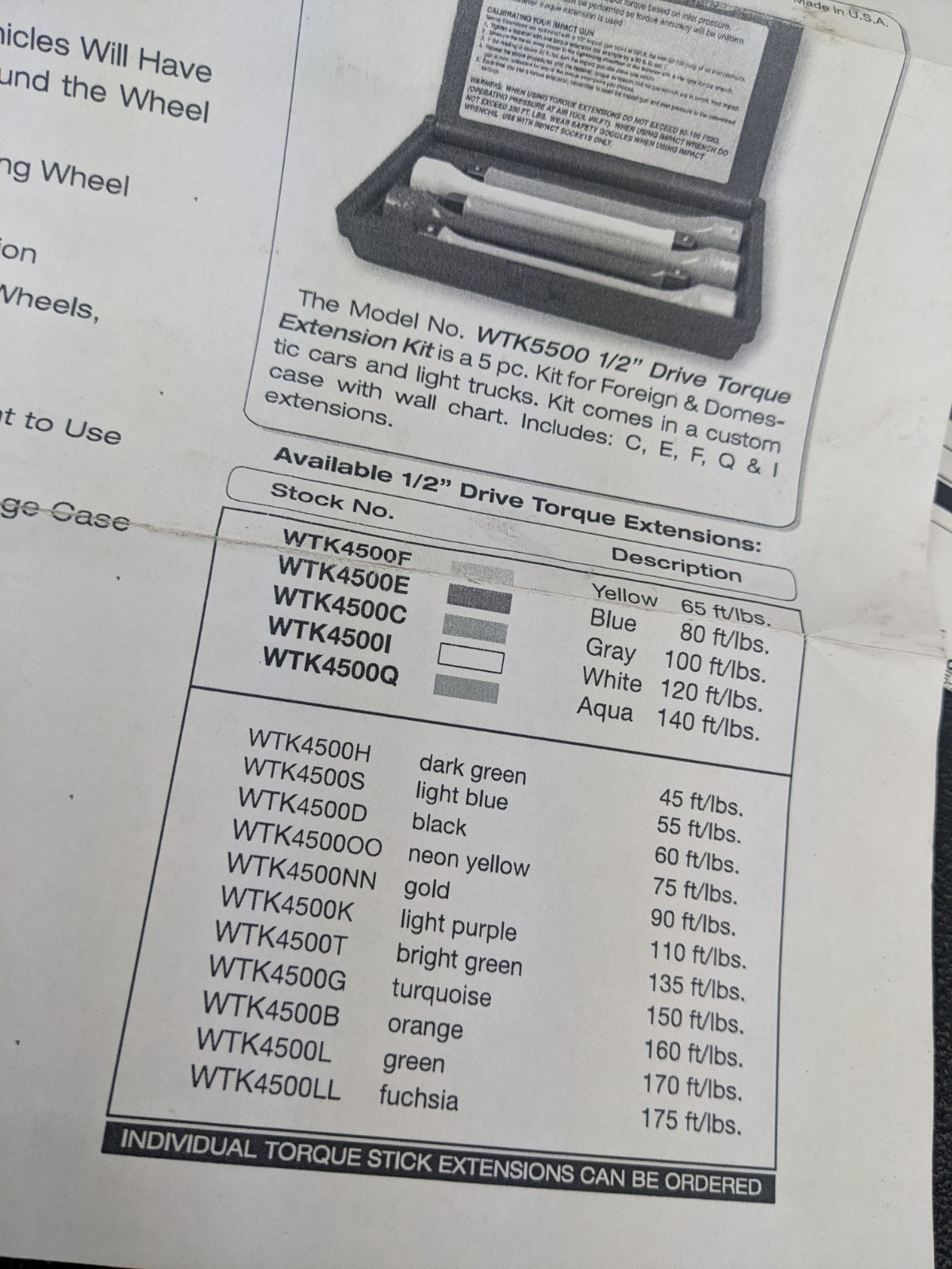 #bm959 Matco Tools WTK5500 5 Piece 1/2in. drive Torque Extension Set