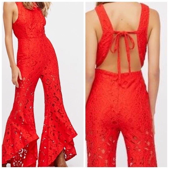 Free People Rise and Shine Lace One-Piece Bell Bottom Jumpsuit 0 - Image 2 of 4