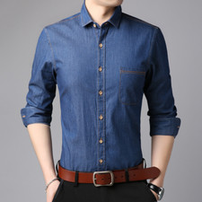 Camicie Blouse Uomo In Cotone Morbido Denim Casual Piane Retro Moda Formale