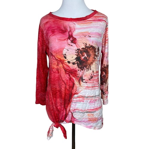David Cline Top Womens Medium Pink Crinkle Textured Tie Hem Abstract Art To Wear - Picture 14 of 14
