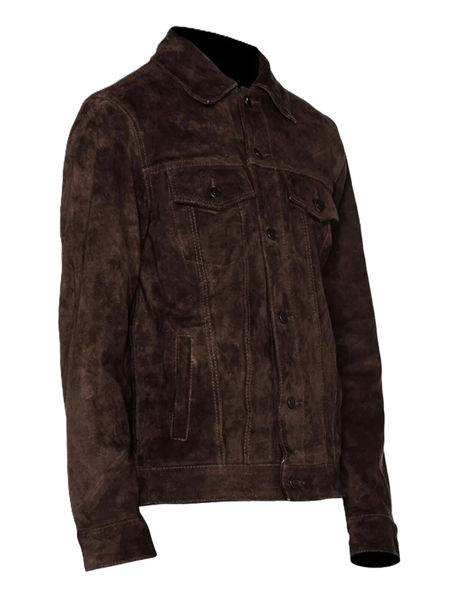 Men's Real Suede Leather Dark Brown Trucker Jacket Denim Style