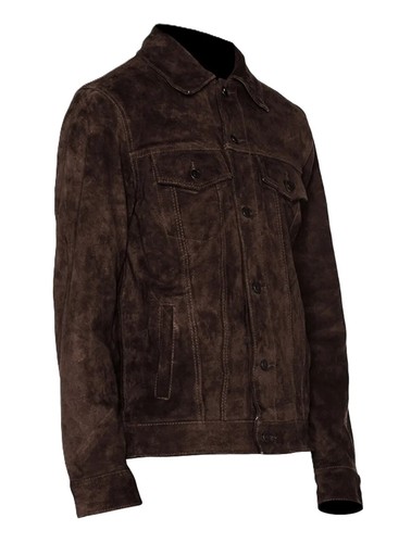 Men's Real Suede Leather Dark Brown Trucker Jacket Denim Style Classic Jacket - Picture 2 of 9