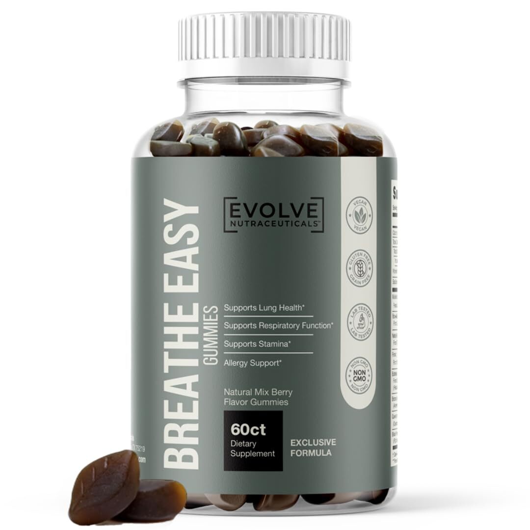 Evolve Breathe Easy Lung Gummies, Mullein Leaf, Boswellia Resin, Nettle Root,...
