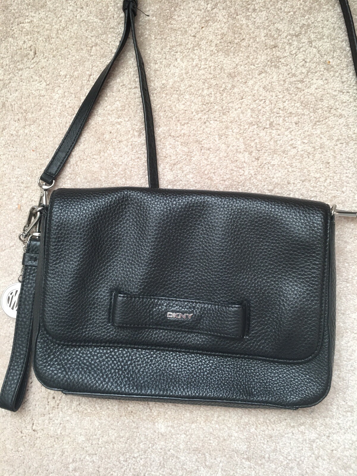 DKNY black leather flap medium size crossbody handbag Gem