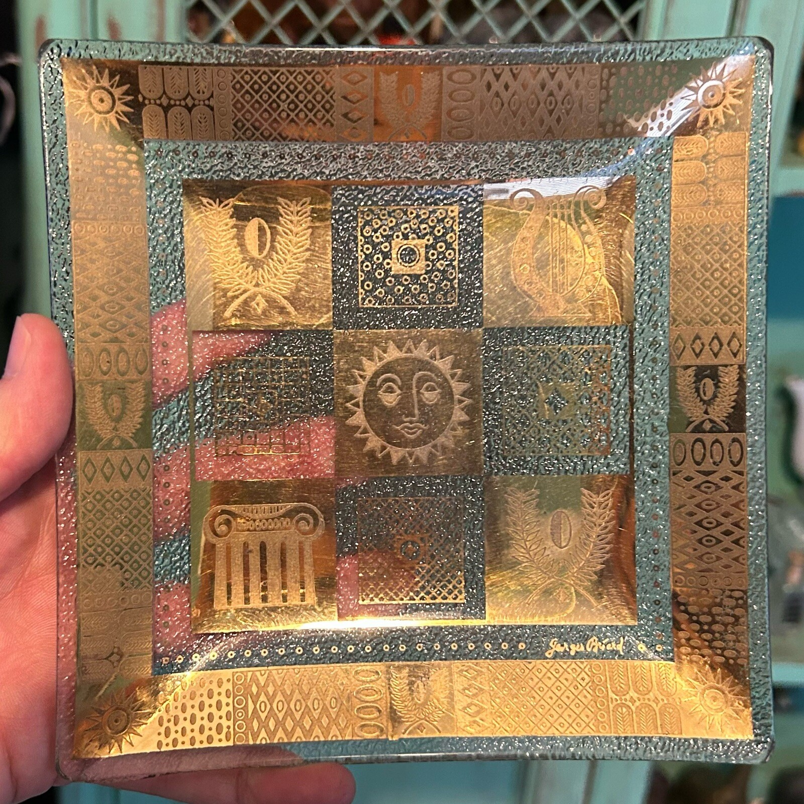 Mid Century MCM Georges Briard Square Bent Glass Dish Gold Sun Lyre Motif