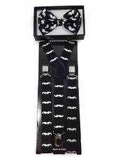 Bow Tie & Suspender High Quality Adjustable Combo Set Black w/White Mustache
