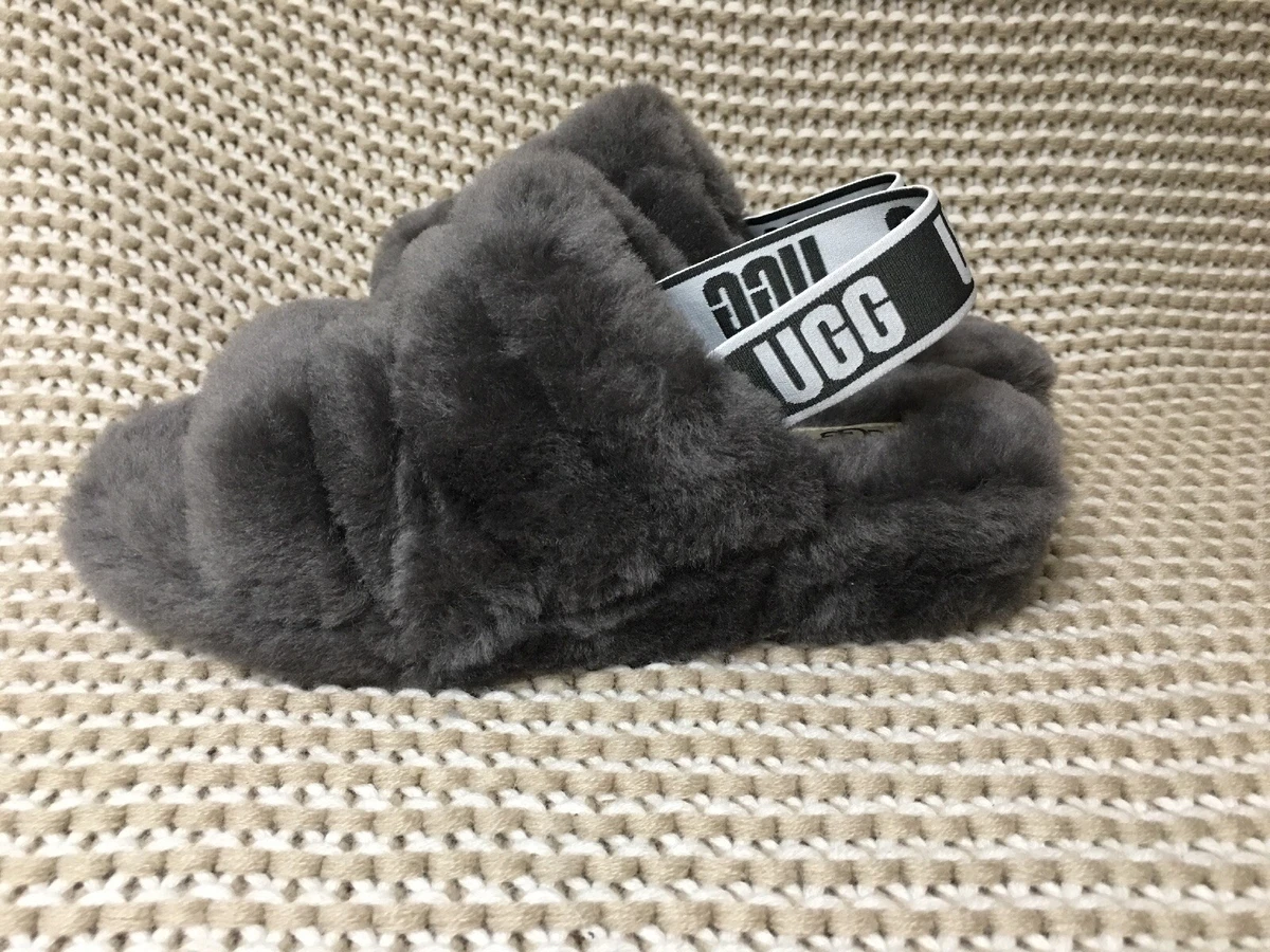 UGG FLUFF YEAH SLIDE CHARCOAL GRAY SHEEPSKIN SLINGBACK SLIPPERS