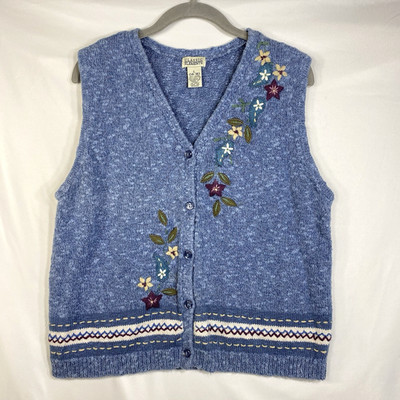 Vintage Sweater Vest Women's Large CLASSIC ELEMENTS Blue Embroidered Floral