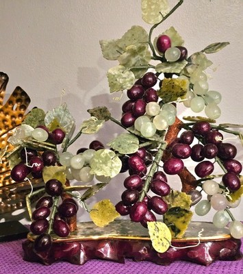 Vintage Asian Jade & Stone 15'' Cut Bonsai Grape Vine Sculpture Tree