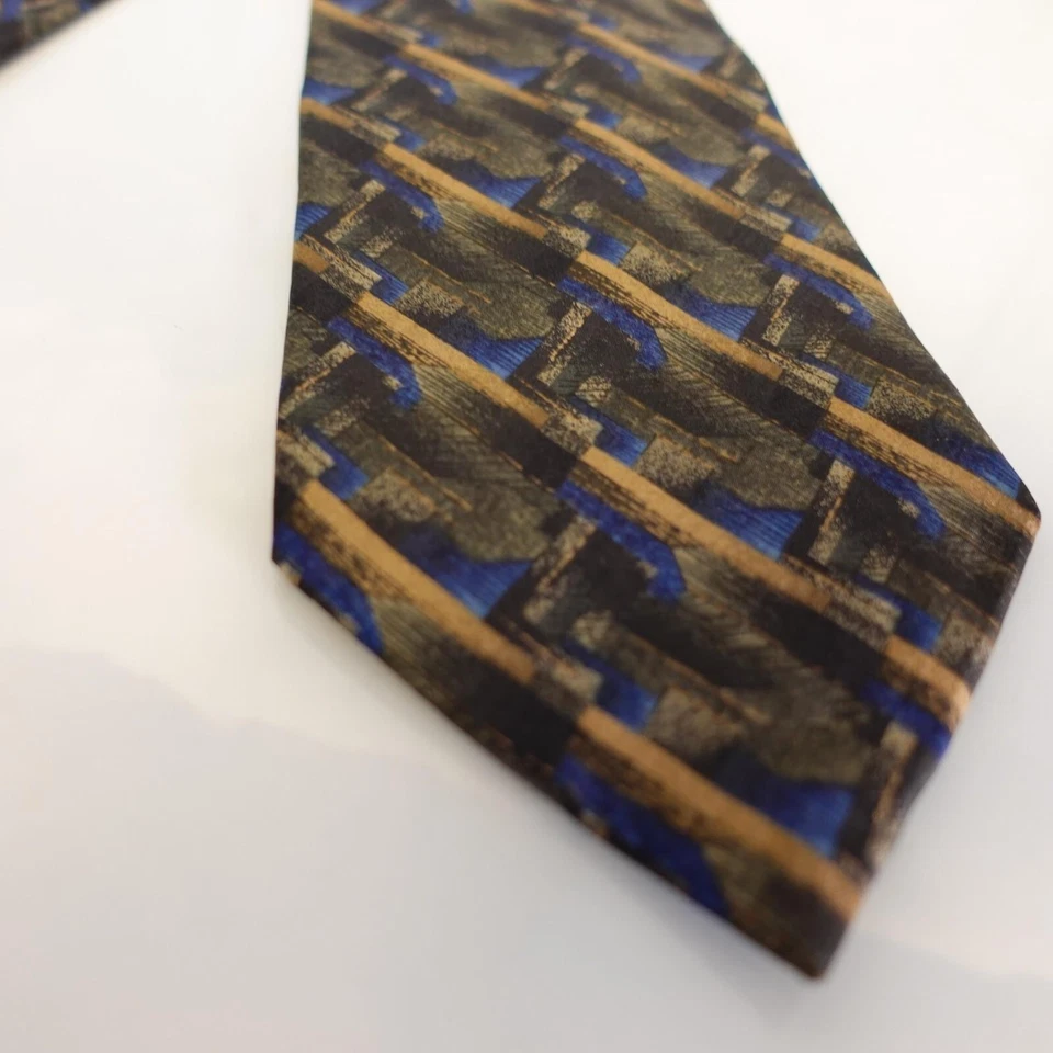 Vestido Traje Corbata Para Hombres Marrón Azul Arte Abstracto Seda Declaración DANIEL HECHTER EE. UU. Foto 4 de 4