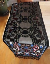 Besarani oblong scarf; silk, viscose; fringe; multicolor on black 80x20 in.