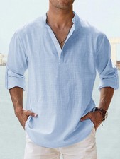 Mens Linen Collar Long Sleeve Cotton Shirt