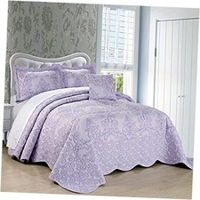 Damask 4 Piece Bedspread Set,Scalloped Oversized King 120" x 120" Lavender Fog