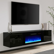 AMERLIFE Floating TV Stand with 36" Electric Fireplace, High Gloss Finish Wall M