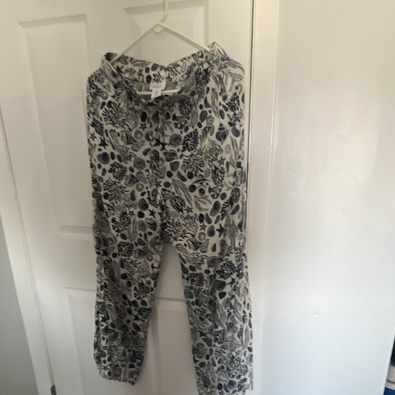 Sigrid Olsen Women's Linen resort Pants Elastic Waist Drawstring Floral Blue M