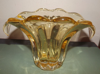 Vintage Telefloral Amber Thick Art Glass Drip Waterfall Tulip Vase  5.75''tall