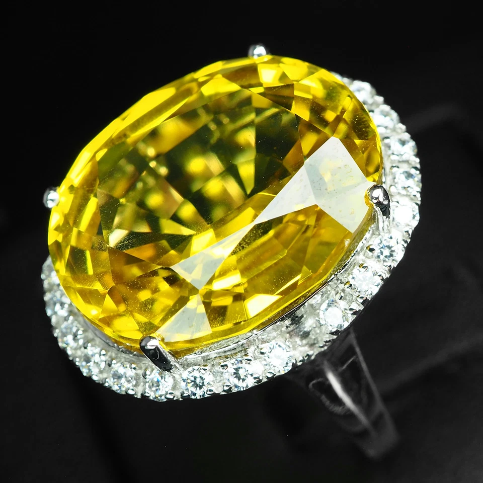 Brillantes anillos de oro blanco de plata de ley 925 de 27,10 quilates de turmalina amarilla canaria Foto 4 de 4