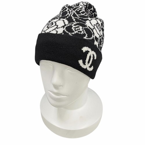 AUTH CHANEL CASHMERE COCO MARK CAMELLIA BEANIE BLACK WHITE MADE IN UK WOMEN'S - Picture 2 of 10