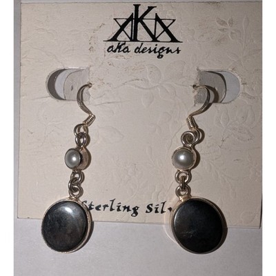 NWT AKA Designs 925 Sterling Silver Onyx Gray Stone Drop Dangle Earrings 2 inch