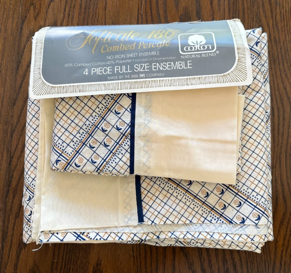 Vtg New Bibb Co "Surrey" Double Full Sheet Set Made in USA Percale Blue White - Image 2 of 4