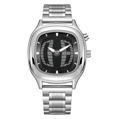 Unique 3D Grid Dial Watch - Mens Stainless Steel Retro Quartz Silver Strap