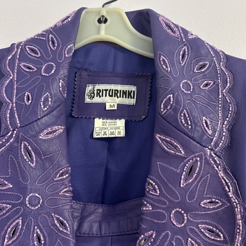 Women’s leather purple suit Sz medium beaded embroidery 1990s style - Picture 3 of 10