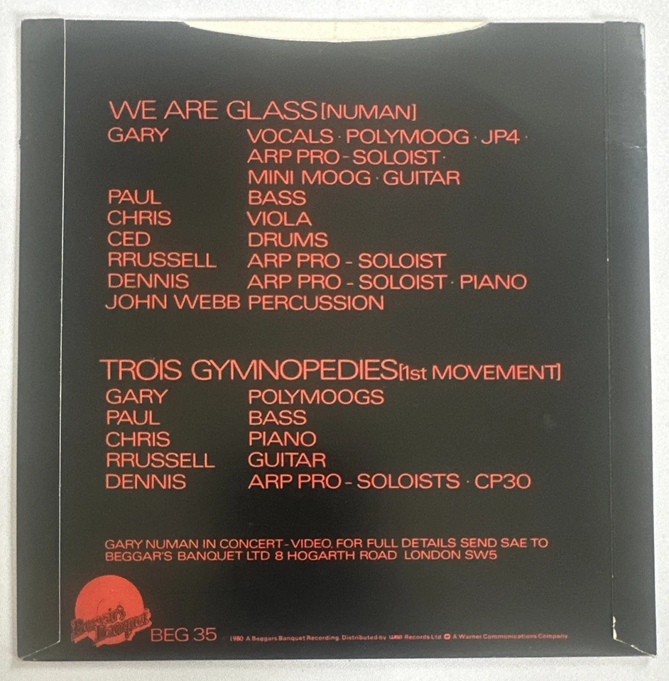 Gary Numan - We Are Glass 7" vinyl single Uk Issue Beggars Banquet VG+ / VG+ - Image 3 of 4