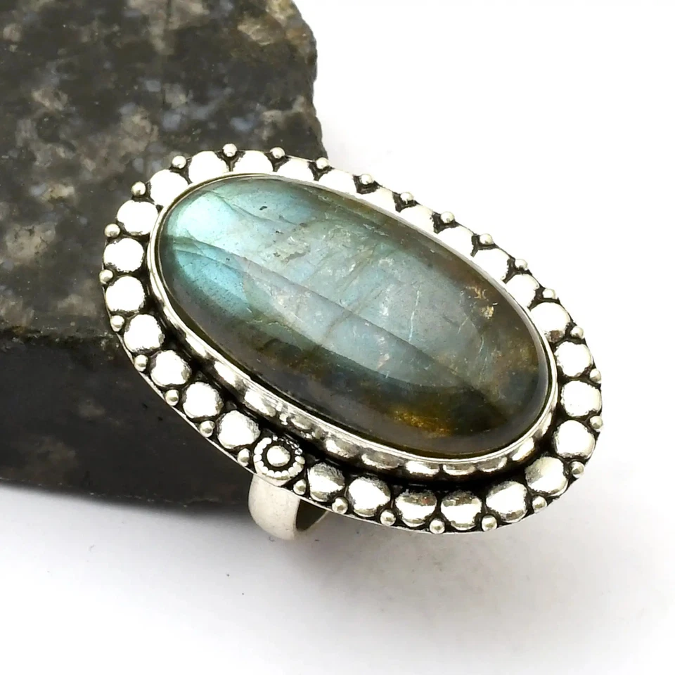 Labradorit Edelstein ethnischer handgefertigter Ring Schmuck Geschenk US-Größe - 8,75 AR 33198