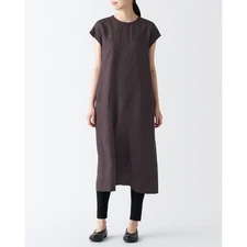 MUJI Women's True Hemp Dark Brown Cap Sleeve Midi Dress Lagenlook- Size S