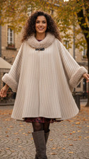 Women s Beige Gothic Wool Cape Cloak with Faux Fur, Victorian Winter Poncho Coat