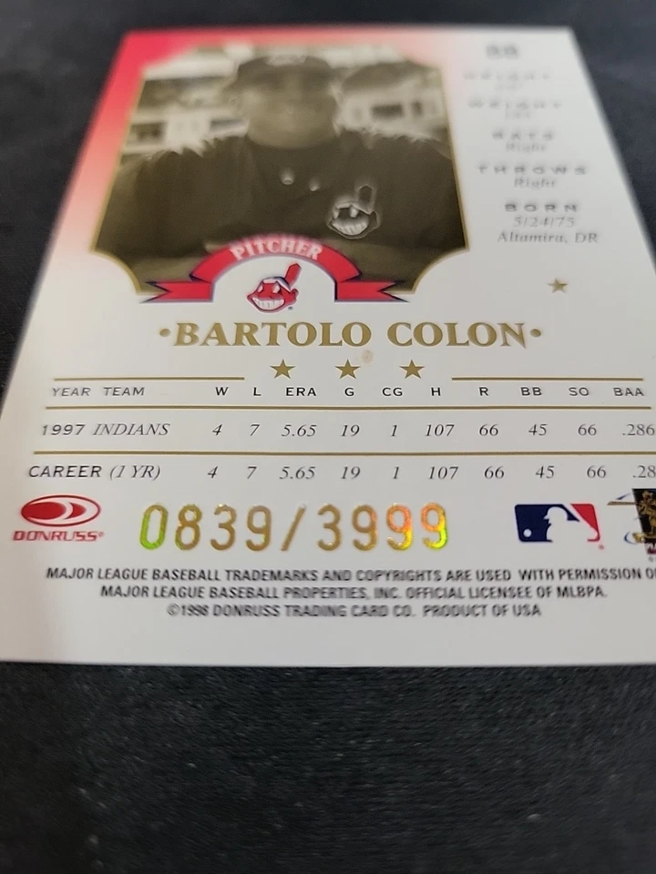 1998 Leaf Bartolo Colon FRACTAL  FOUNDATION GOLD /3999 card #88 indians - Image 3 of 3