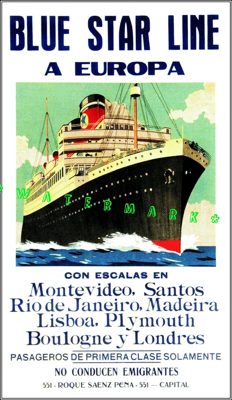 Blue Star Line 1925 To Europe Passenger Ship Vintage Poster Print Retro Art