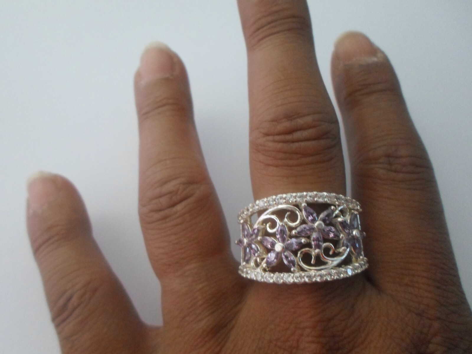 large solid silver ring, openwork, amethyst flowe… - image 3