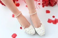 Lace Pearl Wedding shoes Bridal bridesmades flats low high heel pump wedge 5-12