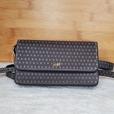DKNY BAG BELT WRISTLET CLUTCH BROWN SIGNATURE NWT