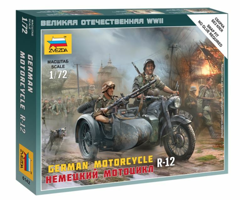 German Motorcycle R-12 W/ Sidecar Plastic Kit 1:72 Model ZVEZDA
