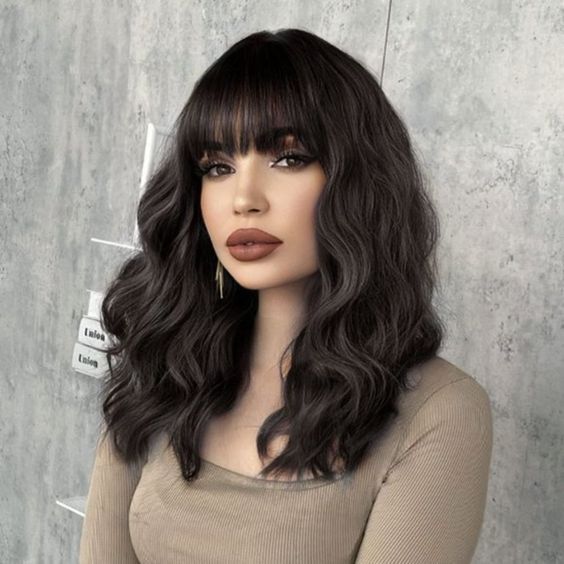 Short Wavy Curly Hair Bob Wigs With Bangs Black Wig For  display picture 1