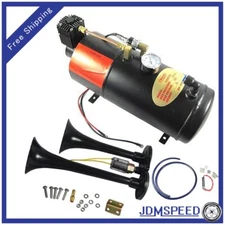 Black Train Horn Kit Loud 2 Trumpet With 120 PSI Air Compressor Complete System