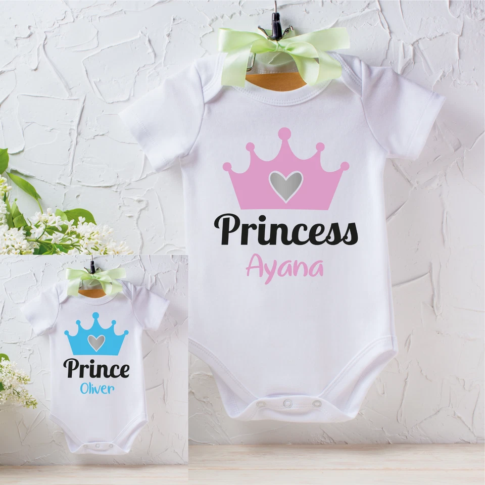 KEZZY'S GIFT SHOP Baby Grow Bodysuit Prince/Princess Crown Novelty Vest Personalised Shower Gift