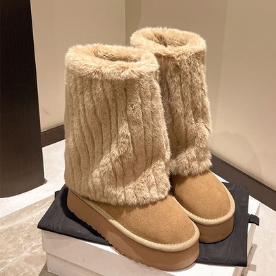 Plush Cute Cream Short Warm Fur Boots Winter Sleeve Platform Height women