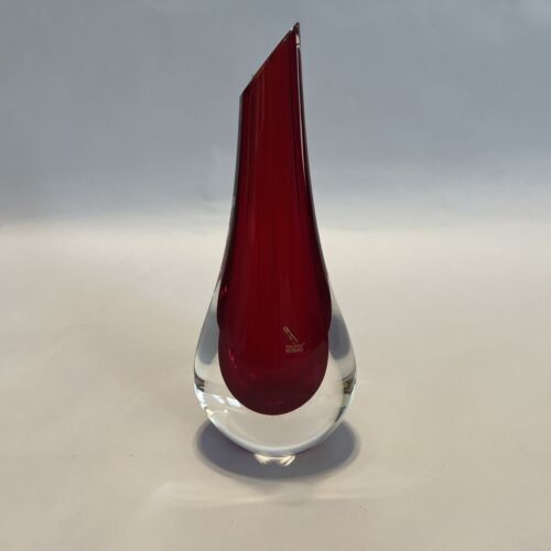 Vase verre artisanal Murano goutte en verre rouge rubis 10 1/2 pouces de haut signé MCM - Photo 1/9