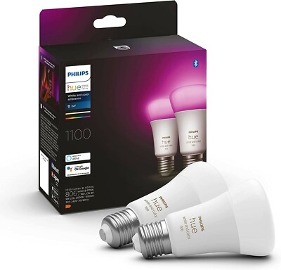 2x Philips Hue White Colour Ambience E27 ES Smart Bulb Twin 1100 Lumen =75W