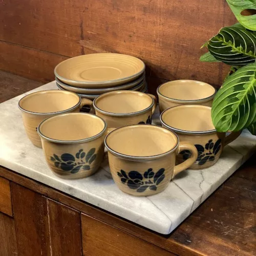 Pfaltzgraff Stoneware Folk Art Brown Blue 12pc Cup Mug & Saucer #100 ~ Set of 6
