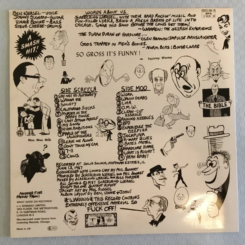 SCREECHING WEASEL - SCREECHING WEASAL + INSERT - 1988 UK - VERY GOOD++ - Image 2 of 4