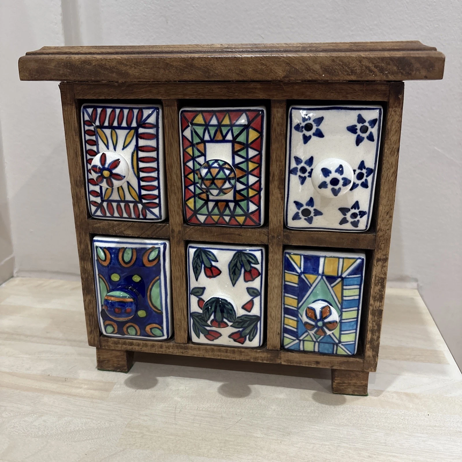 Pier 1 Apothecary Wooden Spice Cabinet/ Chest With Ceramic Hand painted Drawers