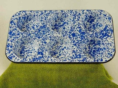 PRISTINE NOS Vintage CGS Int. COBALT BLUE Splatter Enamelware 6-Cup Muffin Pan