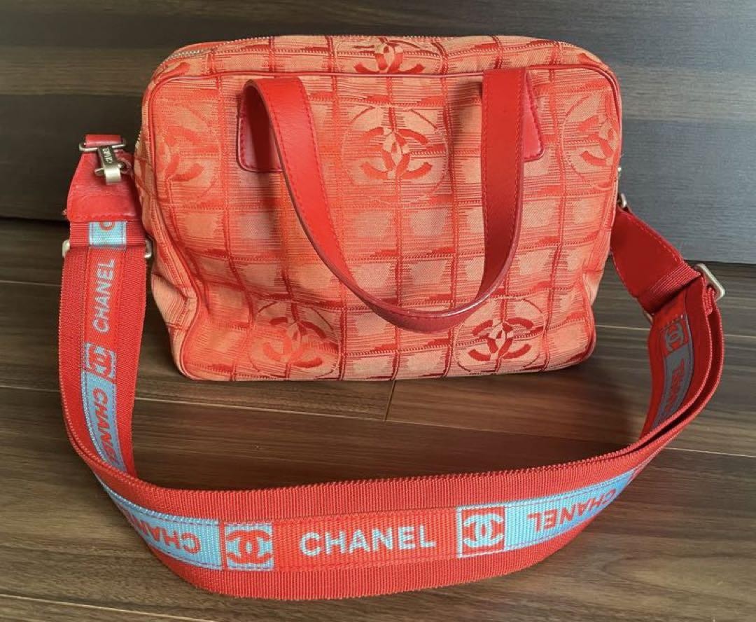 Chanel Red Nylon Shoulder Bag Travel Line Japan Used Excellent Condition  
