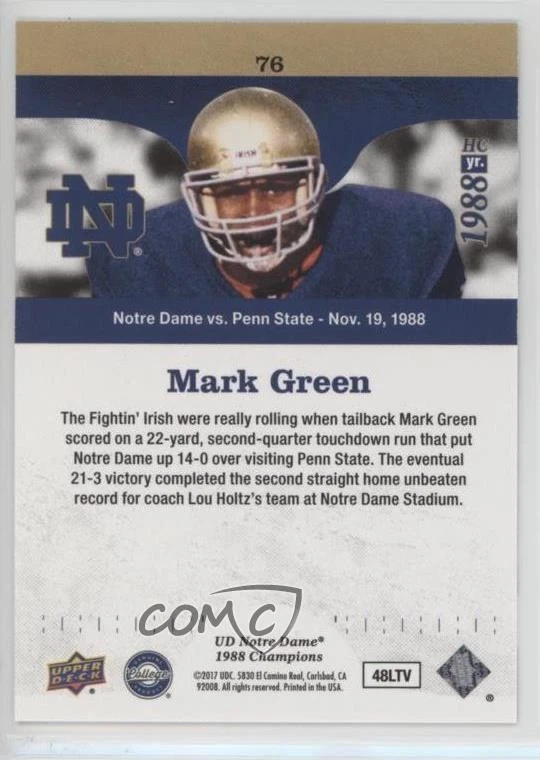 2017 Notre Dame 1988 Championship Blue /88 Mark Green Second Quarter TD for #76 - Image 2 of 2