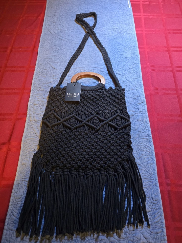 Danielle Nicole Black Bohemian Fringe Crossbody Purse & Wooden Handle Bag—NWT - Image 2 of 4