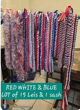 Handmade Hawaiian Red White Blue Leis Lot of 15 1 Sash FREE SHIPPING